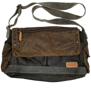 Bed Stu Hawkeye Leather Hawkeye Black Brown Canvas Messenger Bag /Backpack Large